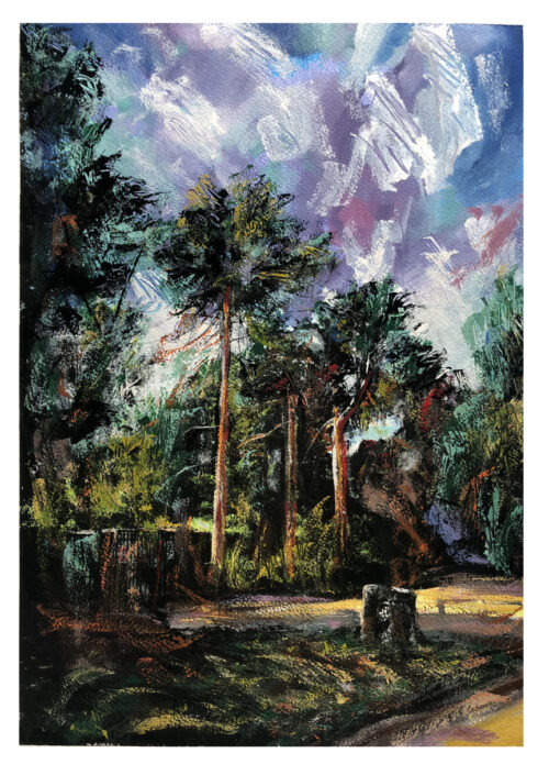 3 Trees, 2021. Enamel on paper. 48cm x 33cm.