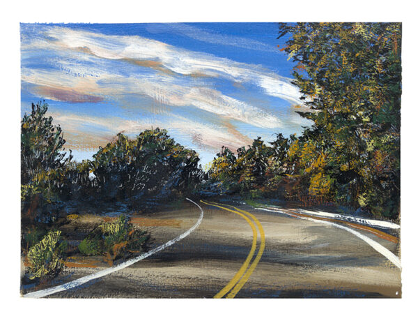 From the Paradise, California series, 2020.
Autumn Road, Oil and alkyd resin on prepared archival paper.
25cm X 35cm